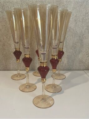 Vintage Pier 1 Imports Amber Luster Red Jewel Champaign Flute 11.5” Set of 6